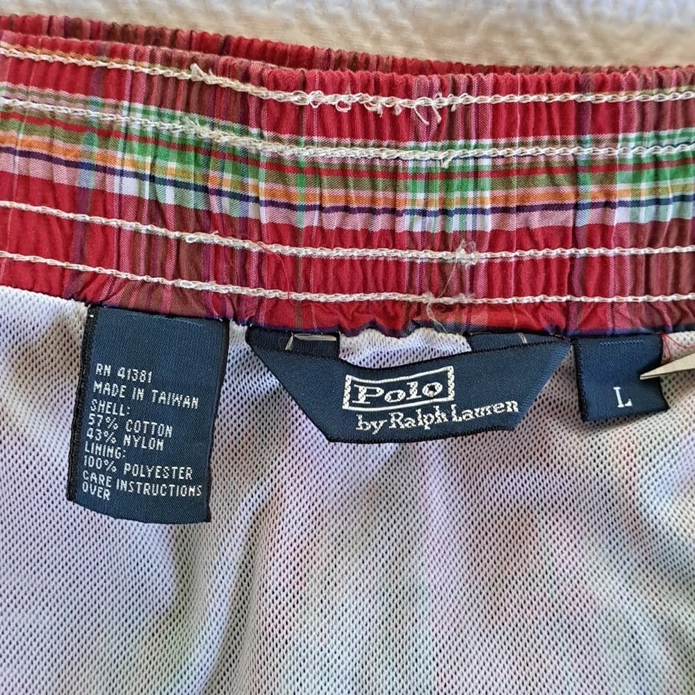 Polo by Ralph Lauren Mens Red Plaid Swim Trunks Lined Elastic Waist Size L‎